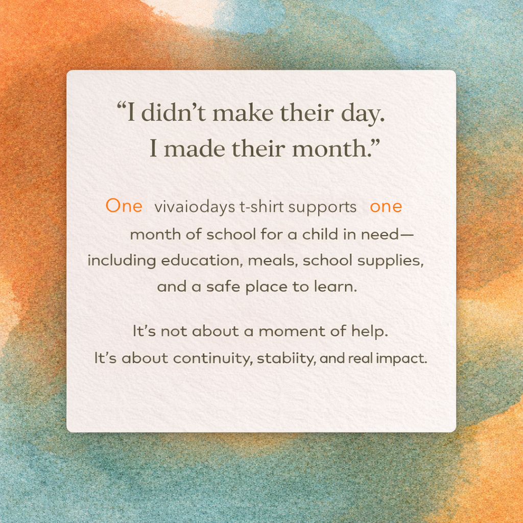 Motivational quote on a colorful background with text about t-shirt donations supporting education.